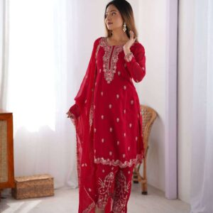 Women's Georgette Embroidery Straight Kurti with Pant And Dupatta Set