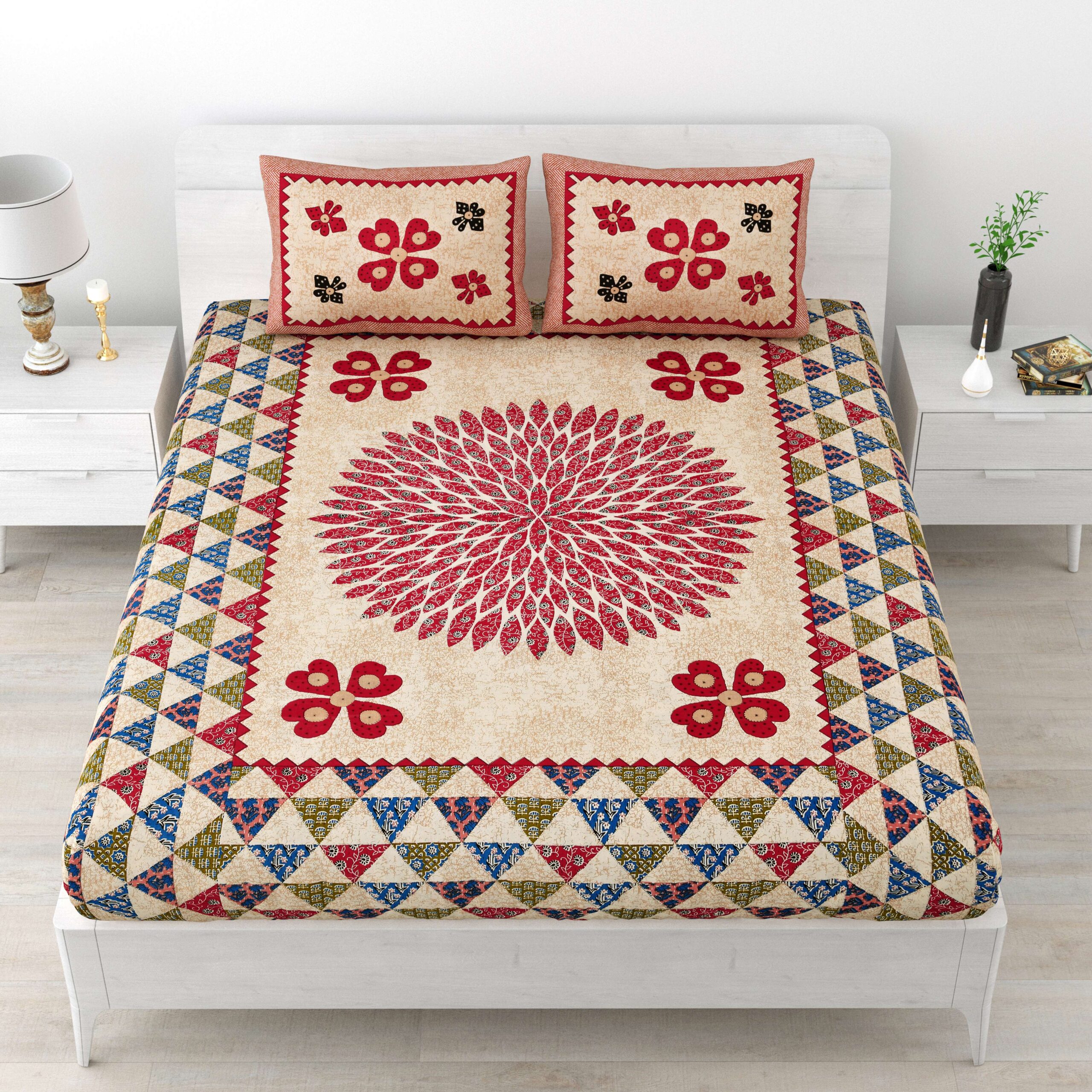 Rajasthani Traditionally Printed Cotton Doublebed Bedsheet With Pack of 2 Pillow Covers
