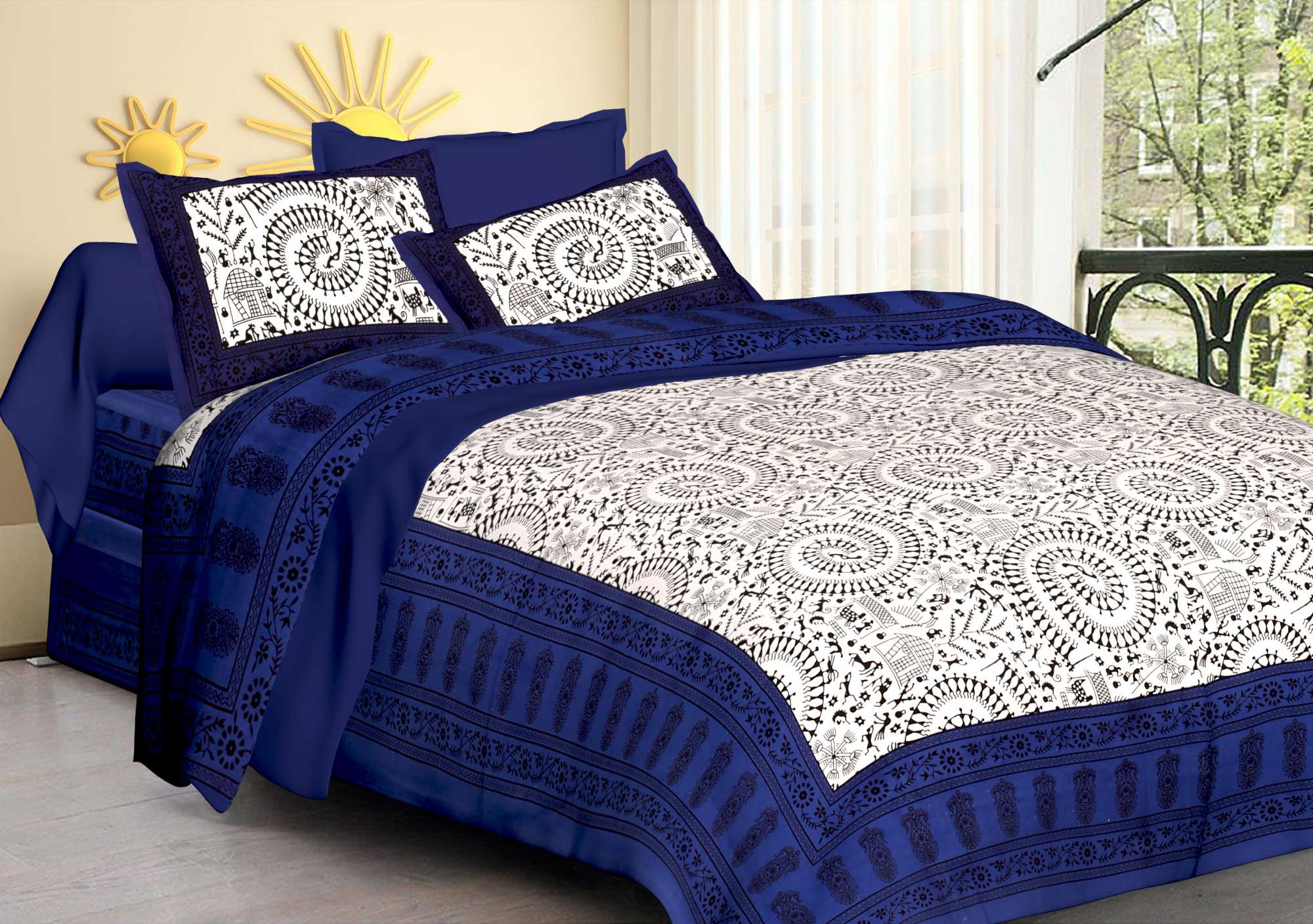 Rajasthani Traditionally Printed Cotton Doublebed Bedsheet With Pack of 2 Pillow Covers