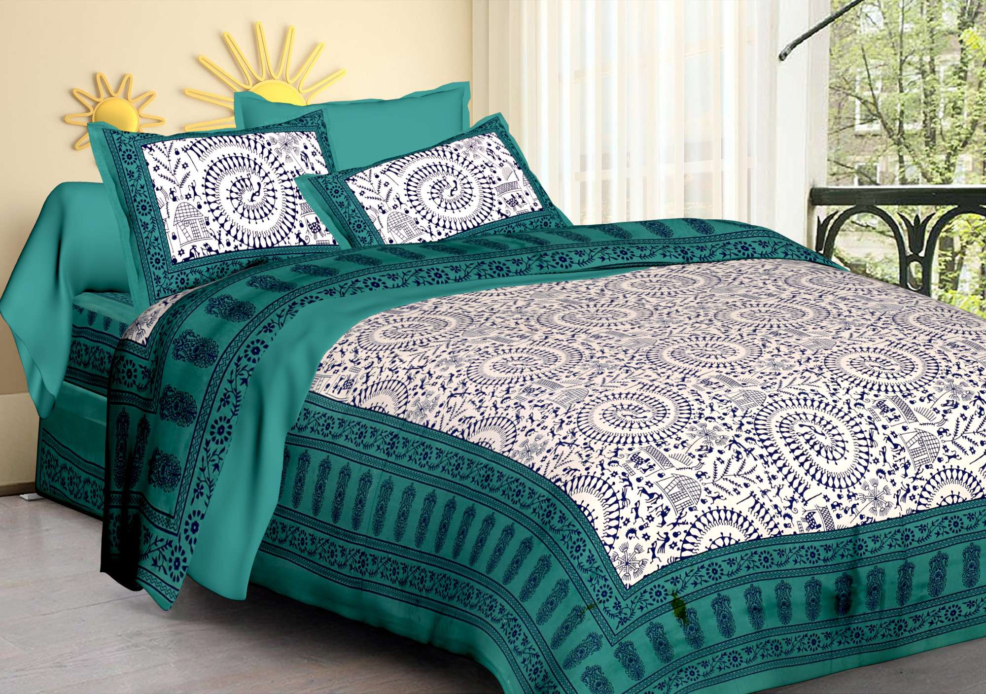 Rajasthani Traditionally Printed Cotton Doublebed Bedsheet With Pack of 2 Pillow Covers